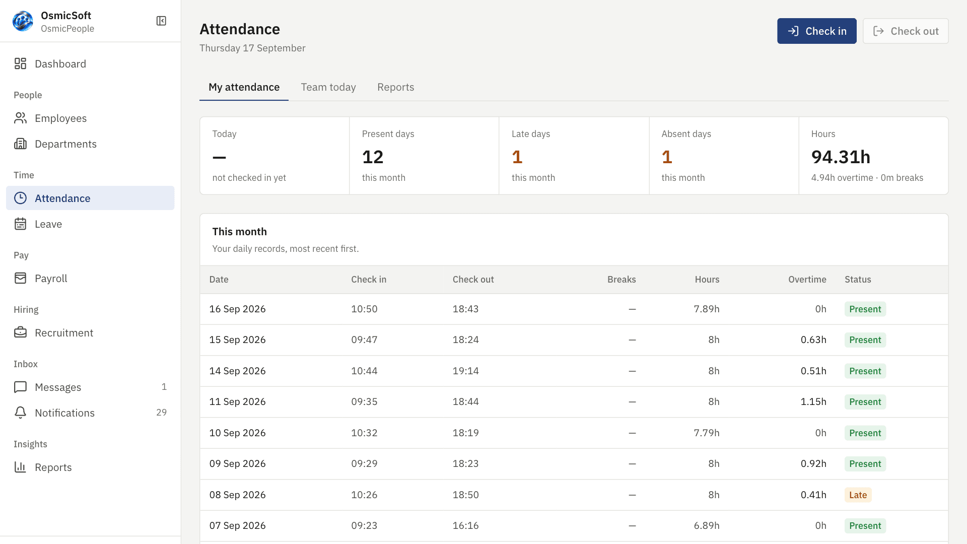 Attendance page with check in, break and check out actions and the month's records
